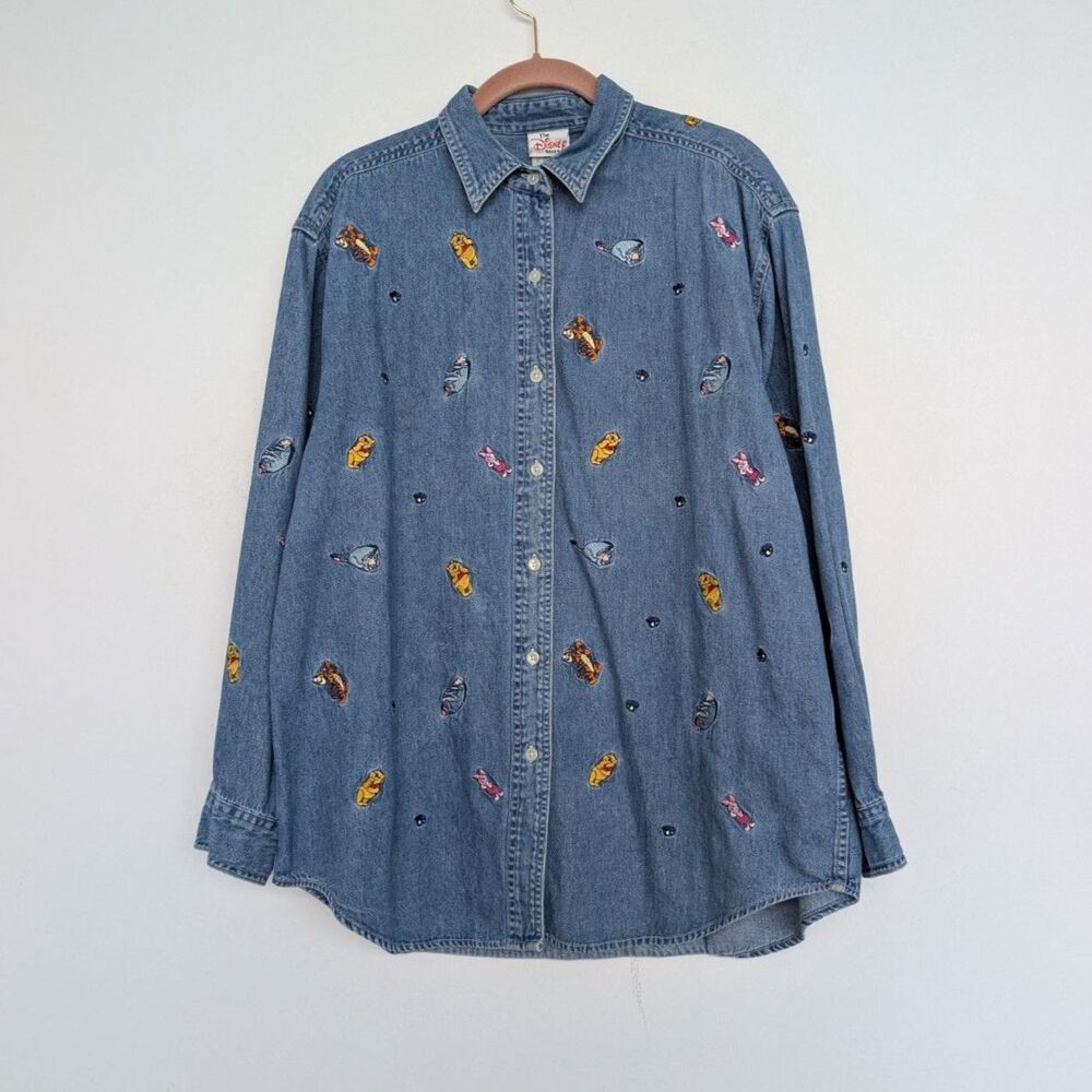 Y2K Disney Winnie the Pooh Emrboidered Button Up Denim Long Sleeve Shirt Sz XL